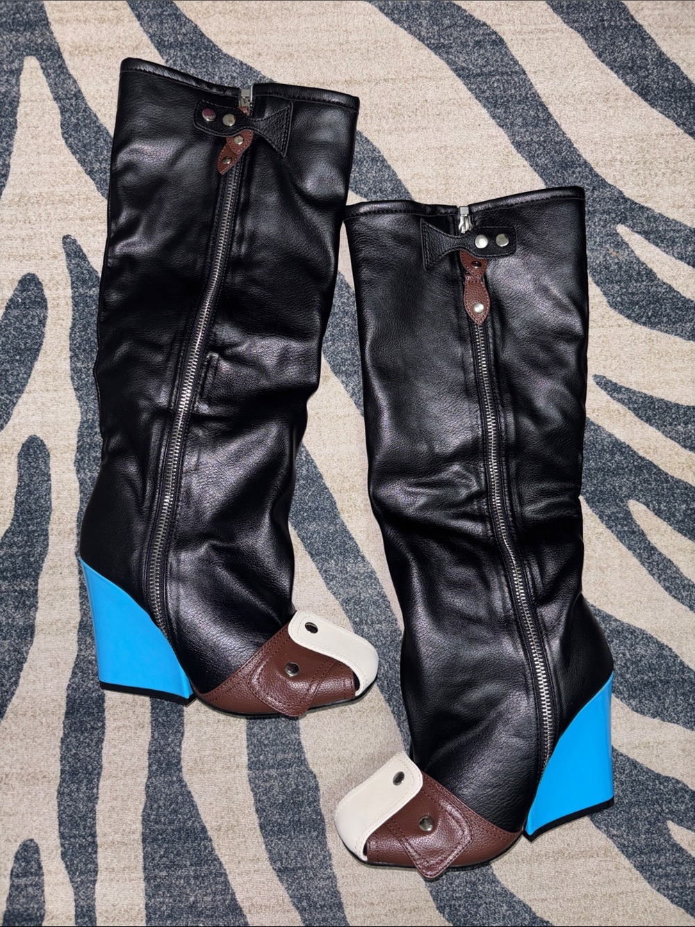 Black Leather Boots with Blue Wedge Heel